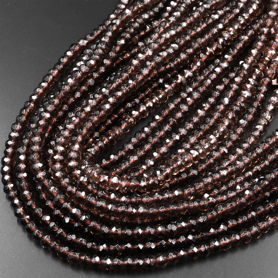 Faceted Smoky Quartz Rondelle Beads 4mm Real Natural Quartz High Quality Gemstone 15.5" Strand
