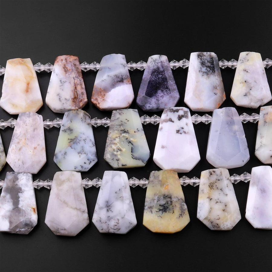 Natural Dendritic Opal Beads Faceted Trapezoid Tapered Teardrop Top Side Drilled Flat Slice Pendant 15.5" Strand