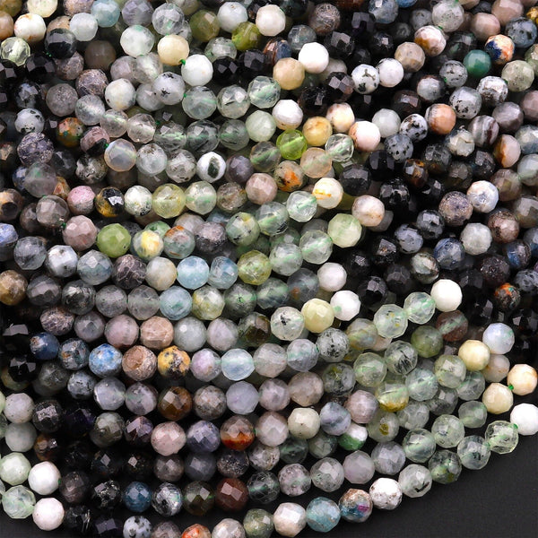 Micro Faceted Multicolor Mixed Gemstone Round Beads 4mm Prehnite Tourmaline Opal 15.5" Strand