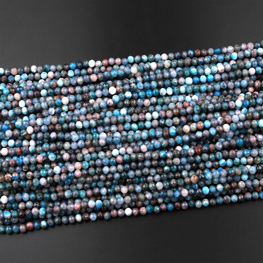 Faceted Natural Blue Apatite Round Beads 4mm Micro Laser Diamond Cut Gemstone 15.5" Strand