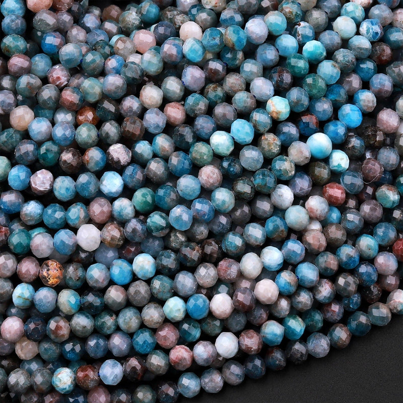 Faceted Natural Blue Apatite Round Beads 4mm Micro Laser Diamond Cut Gemstone 15.5" Strand