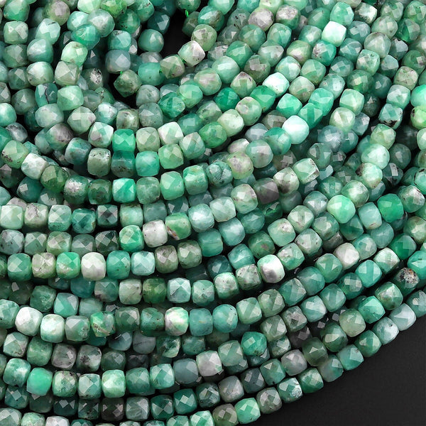 Real Genuine Natural Green Emerald 4mm Faceted Cube Beads Dice Square Gemstone 15.5" Strand
