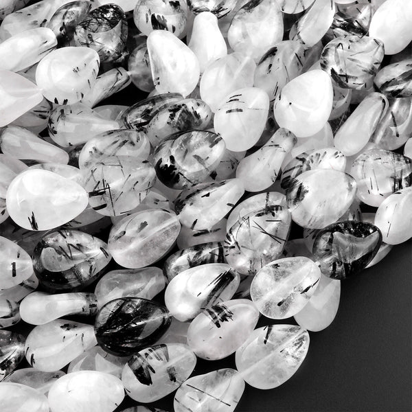 Natural Black Tourmaline Rutilated Quartz Flat Teardrop Beads Vertically Drilled 15.5" Strand