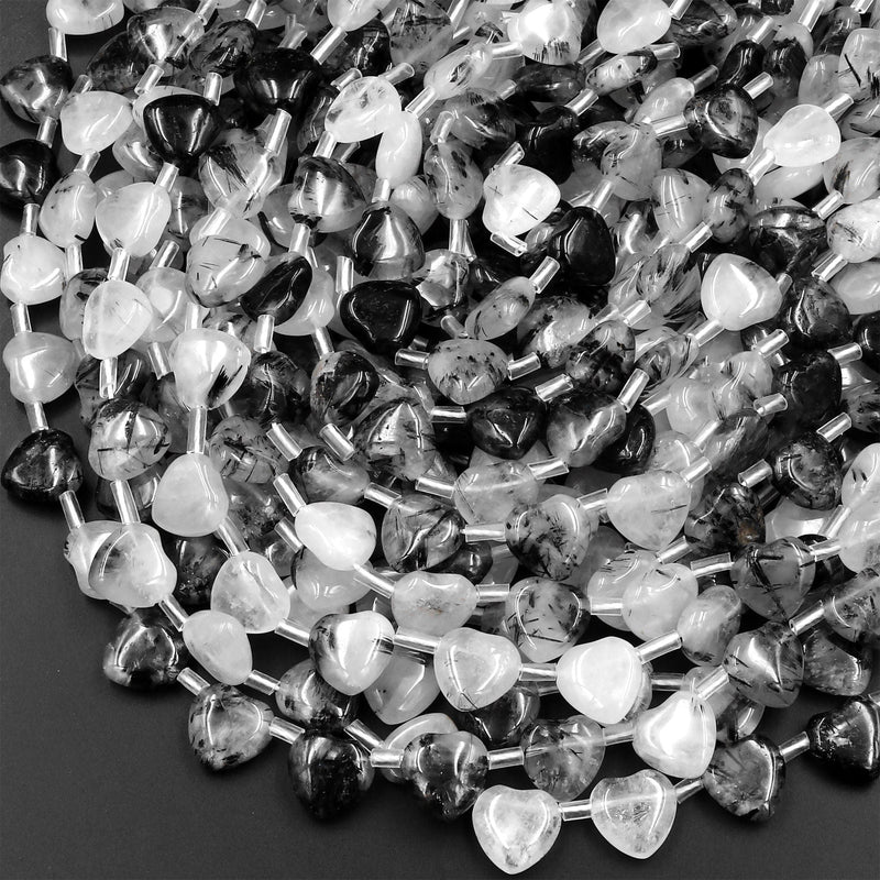 Natural Black Tourmaline Rutilated Quartz Heart Shaped Gemstone Beads 15.5" Strand