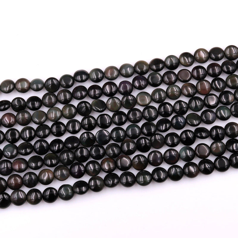 AAA Natural Rainbow Black Obsidian 10mm Coin Beads 15.5" Strand