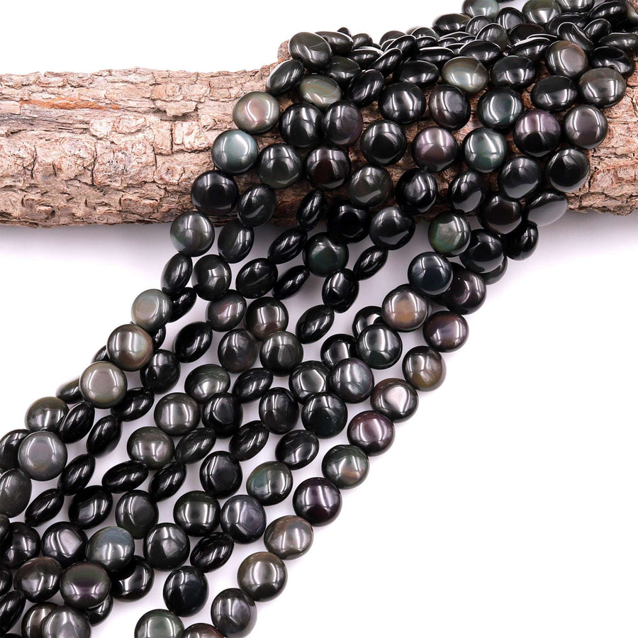 AAA Natural Rainbow Black Obsidian 10mm Coin Beads 15.5" Strand