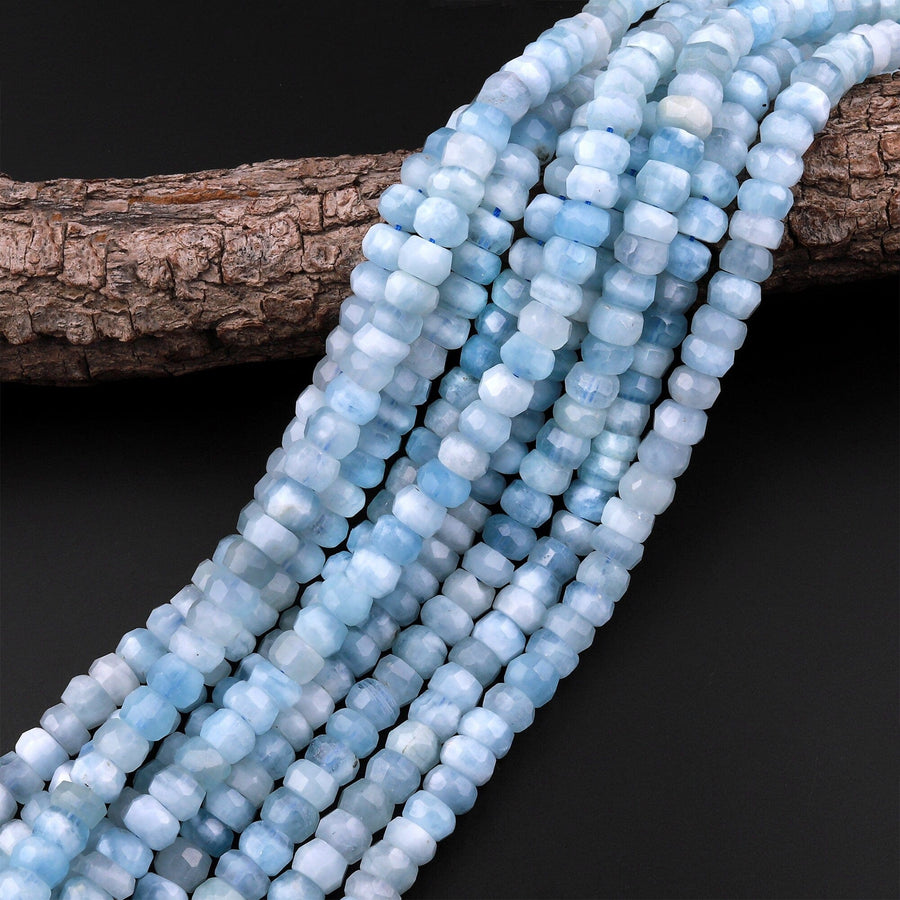 AAA Faceted Natural Blue Aquamarine Rondelle Beads 6mm 8mm 10mm 15.5" Strand