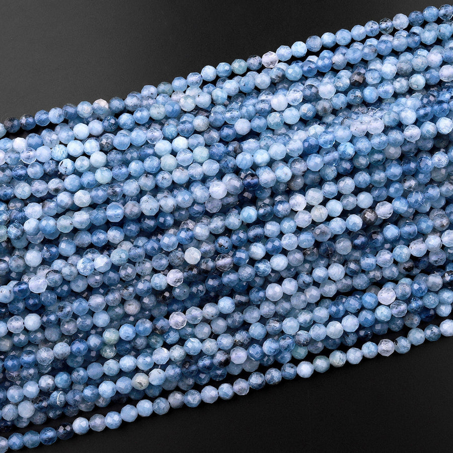 Micro Faceted Natural Blue Aquamarine 3mm 4mm Round Beads 15.5" Strand