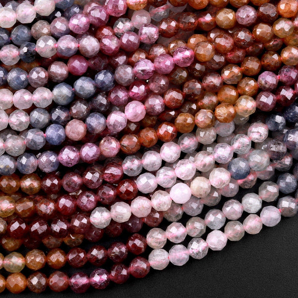 Micro Faceted Multicolor Mixed Gemstone Round Beads 4mm Ruby Tourmaline Sapphire Moonstone 15.5" Strand