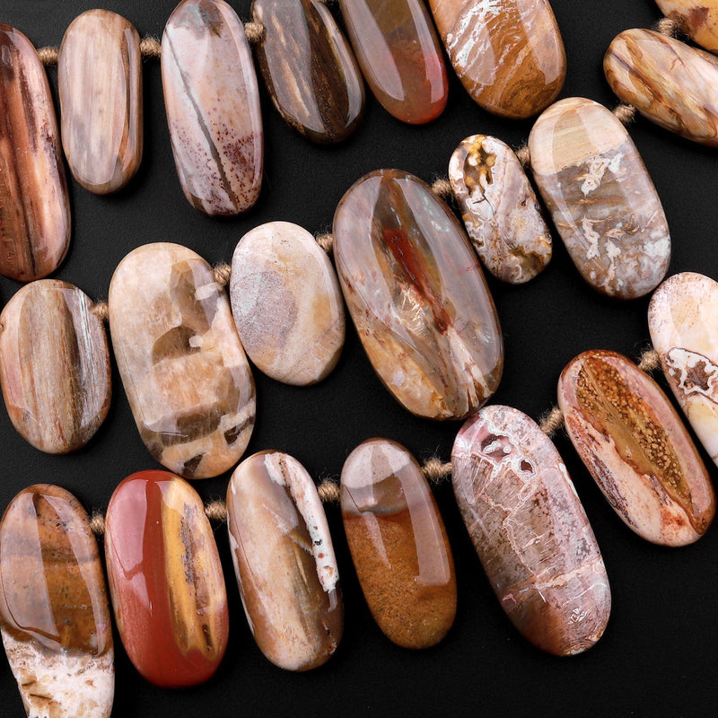 Natural Petrified Wood Long Oval Beads Top Side Drilled Pendant Focal Earthy Brown Tan Beige Taupe Gemstone 15.5" Strand