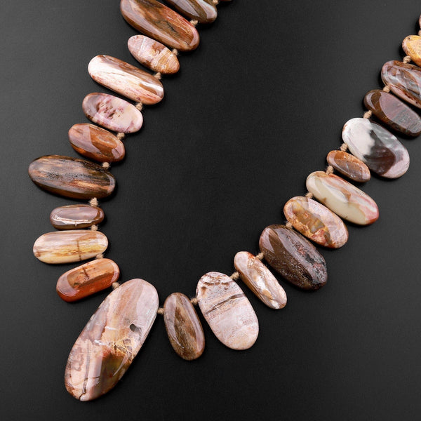 Natural Petrified Wood Long Oval Beads Top Side Drilled Pendant Focal Earthy Brown Tan Beige Taupe Gemstone 15.5" Strand