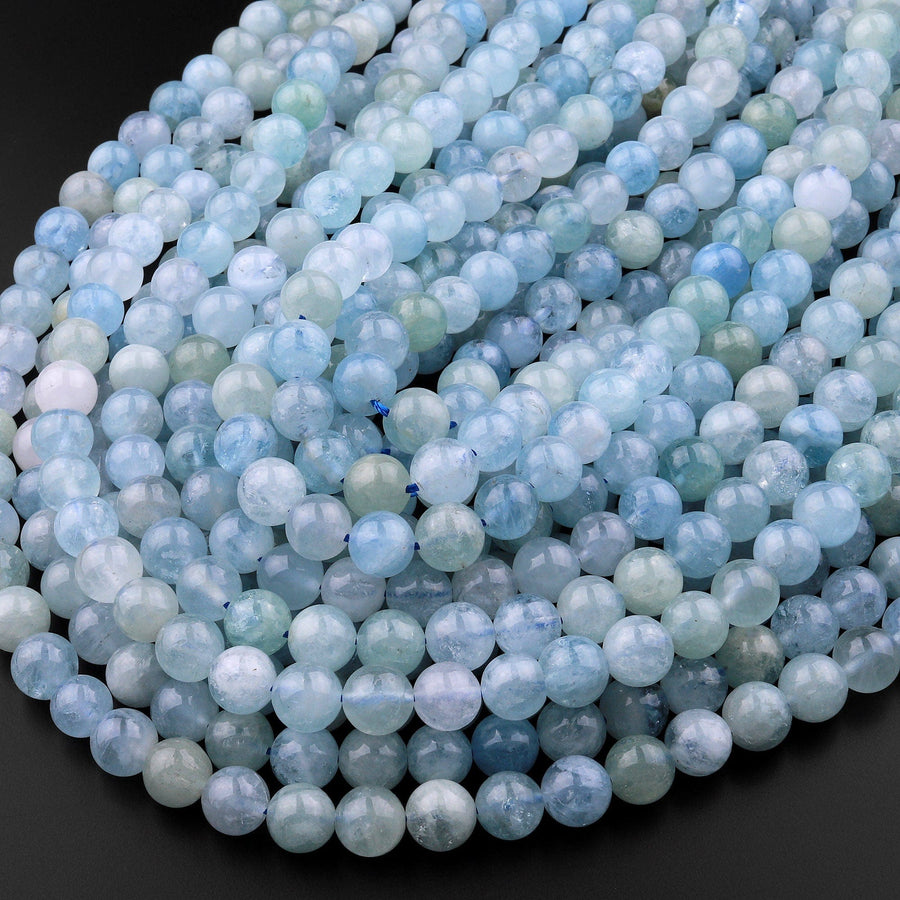 AAA Natural Blue Aquamarine 8mm Smooth Round Beads Real Genuine Gemstone Birthstone 15.5" Strand