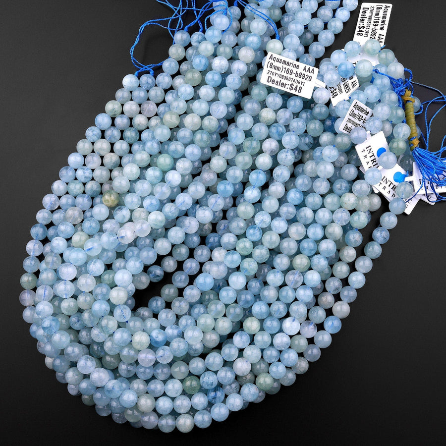 AAA Natural Blue Aquamarine 8mm Smooth Round Beads Real Genuine Gemstone Birthstone 15.5" Strand