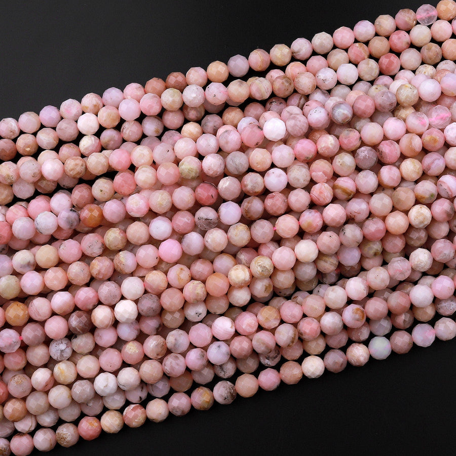 AAA Faceted Natural Peruvian Pink Opal 4mm 6mm Round Beads Laser Diamond Cut Gemstone 15.5" Strand