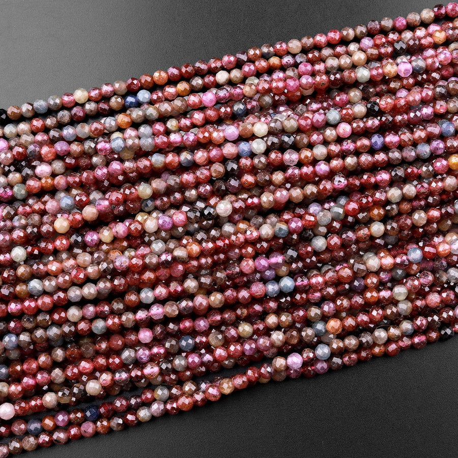 Real Genuine Ruby Sapphire Faceted 2mm 3mm 4mm Round Beads Gemstone 15.5" Strand