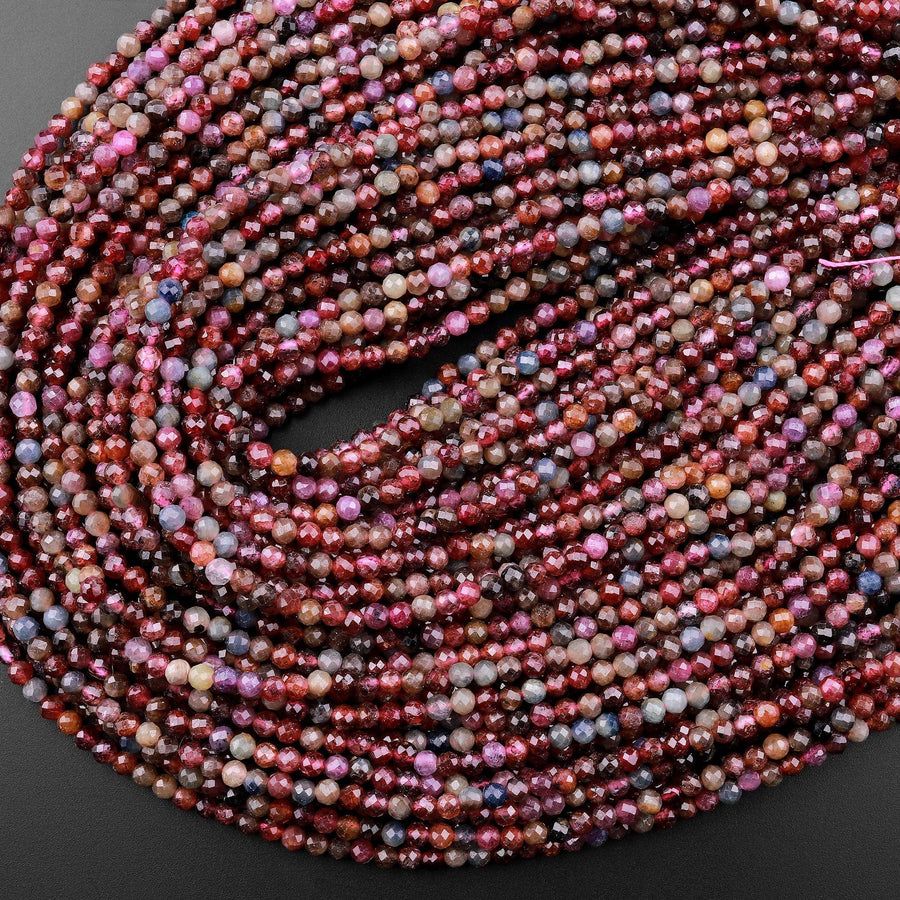 Real Genuine Ruby Sapphire Faceted 2mm 3mm 4mm Round Beads Gemstone 15.5" Strand