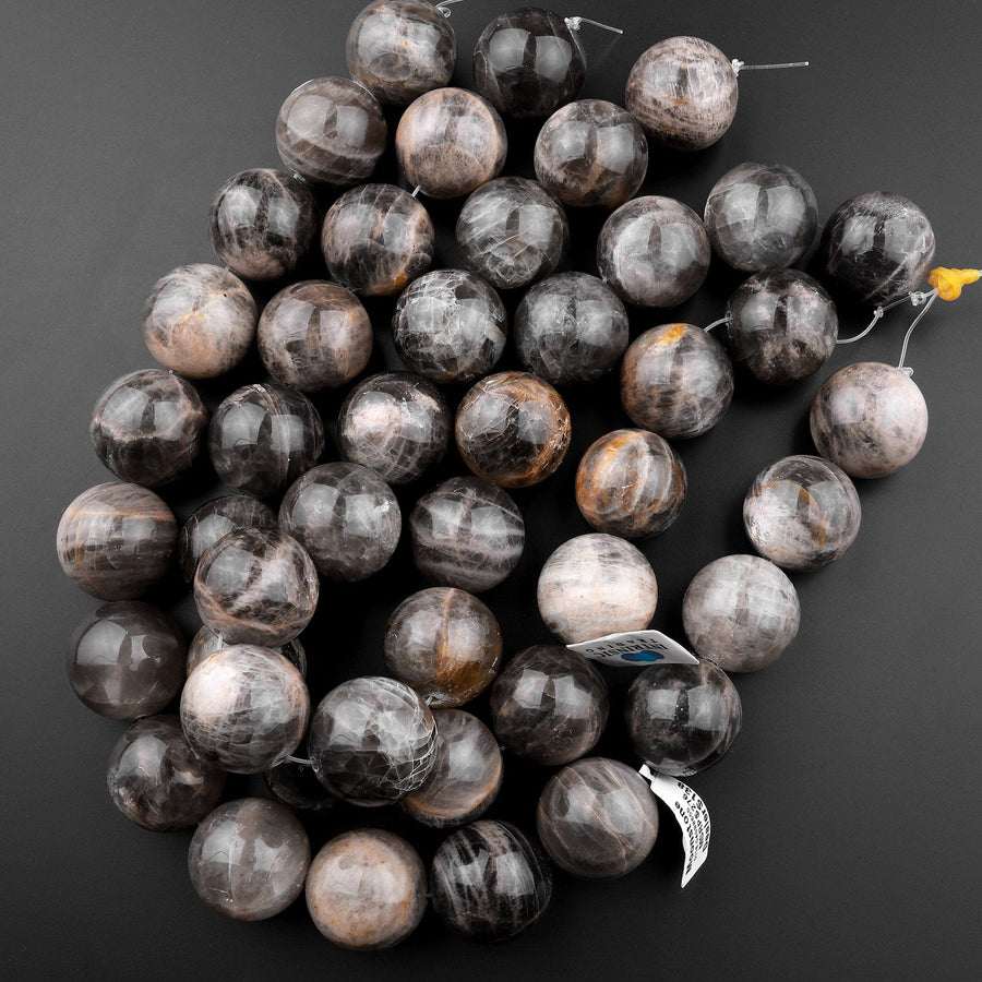 Large 25mm Natural Black Moonstone Round Beads 15.5" Strand