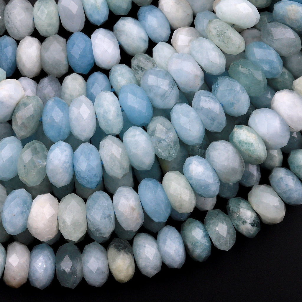 Large Natural Green Blue Aquamarine Faceted Rondelle Beads 8mm 10mm 15.5" Strand