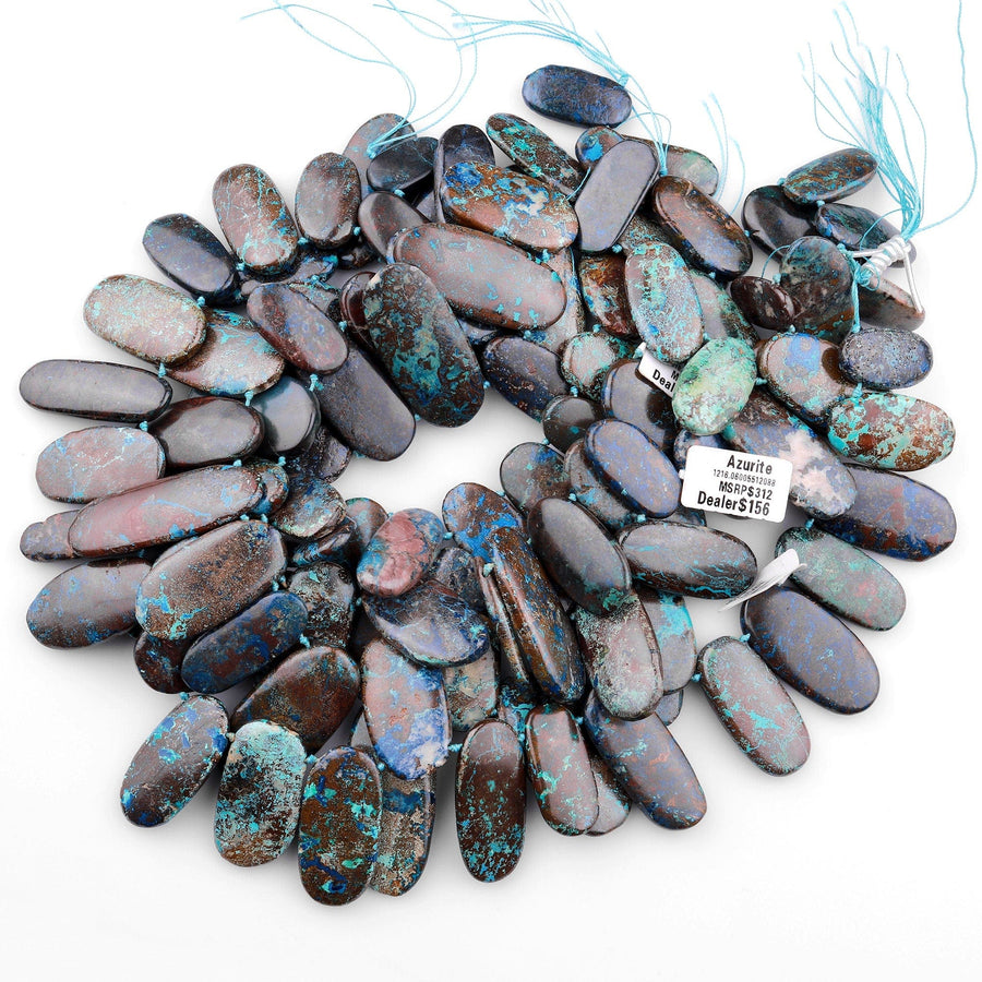 Genuine Natural Blue Azurite Beads Large Top Side Drilled Freeform Long Oval Focal Pendant From Arizona Copper Mine 15.5" Strand