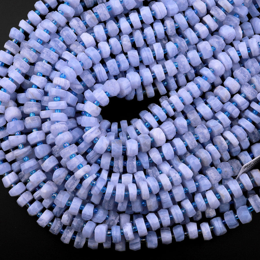 Faceted Natural Blue Lace Agate 10mm 12mm Rondelle Wheel Beads 15.5" Strand