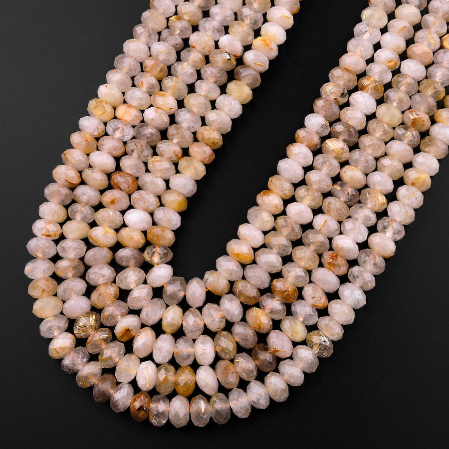 Natural Golden Rutilated Quartz  6mm 8mm Faceted Rondelle Beads 15.5" Strand