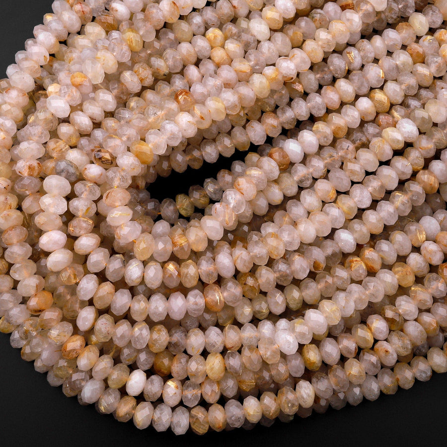 Natural Golden Rutilated Quartz  6mm 8mm Faceted Rondelle Beads 15.5" Strand