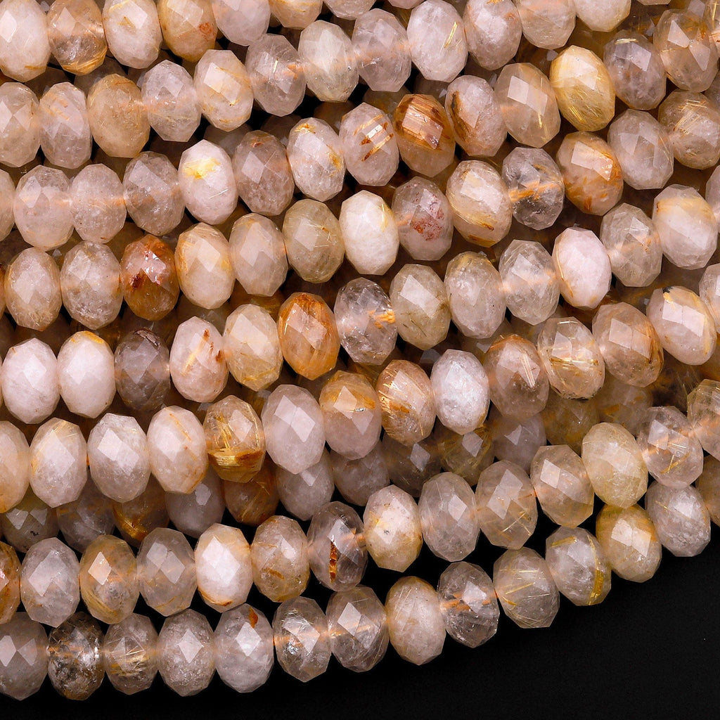 Natural Golden Rutilated Quartz  6mm 8mm Faceted Rondelle Beads 15.5" Strand