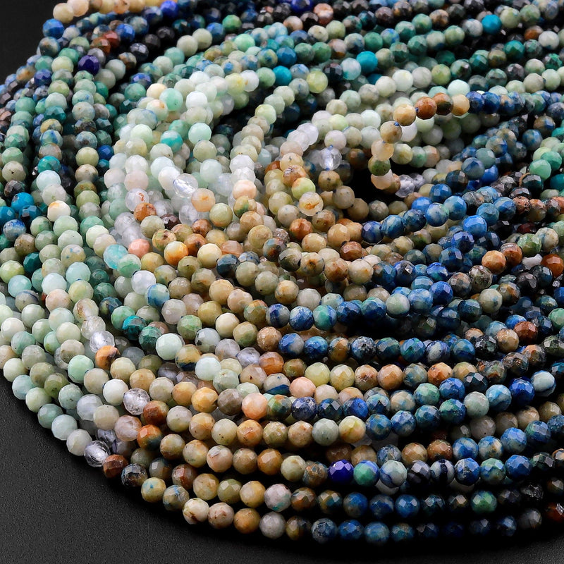Micro Faceted Natural Chrysocolla Azurite Round Beads 2mm 3mm Multicolor Blue Green Brown Gemstone 15.5" Strand