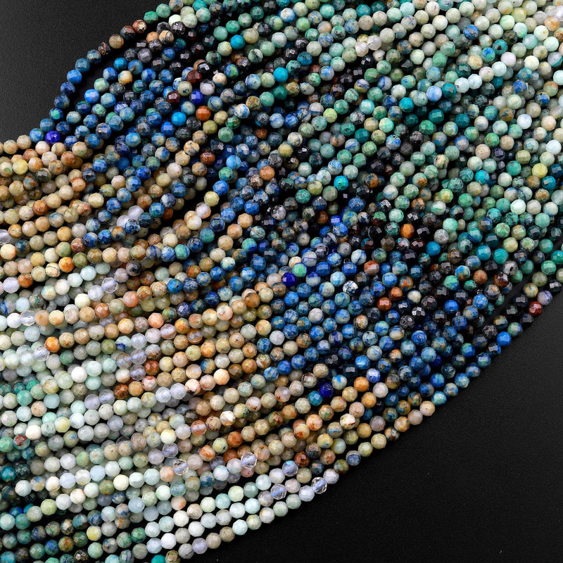 Micro Faceted Natural Chrysocolla Azurite Round Beads 2mm 3mm Multicolor Blue Green Brown Gemstone 15.5" Strand