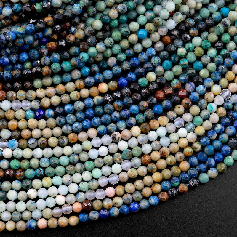 Micro Faceted Natural Chrysocolla Azurite Round Beads 2mm 3mm Multicolor Blue Green Brown Gemstone 15.5" Strand