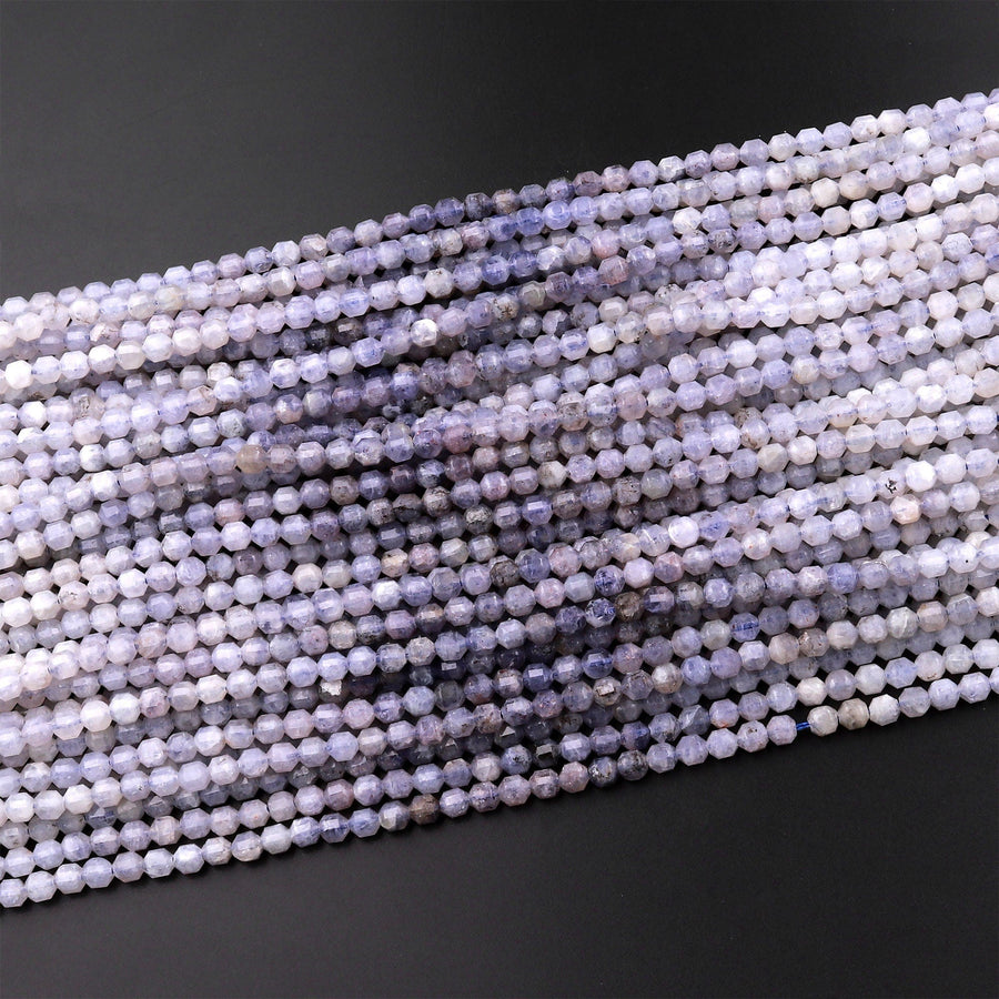 Natural Iolite 3mm 4mm Beads Rounded Faceted Energy Prism Double Terminated Points 15.5" Strand