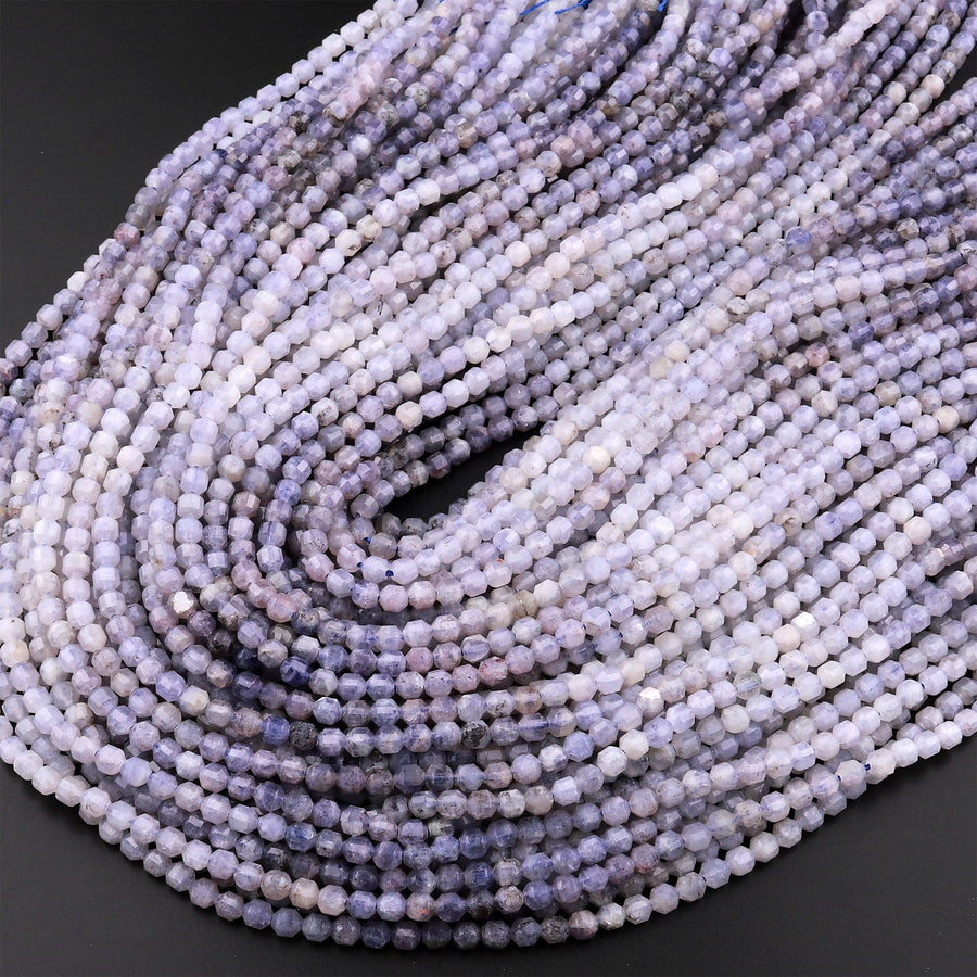 Natural Iolite 3mm 4mm Beads Rounded Faceted Energy Prism Double Terminated Points 15.5" Strand