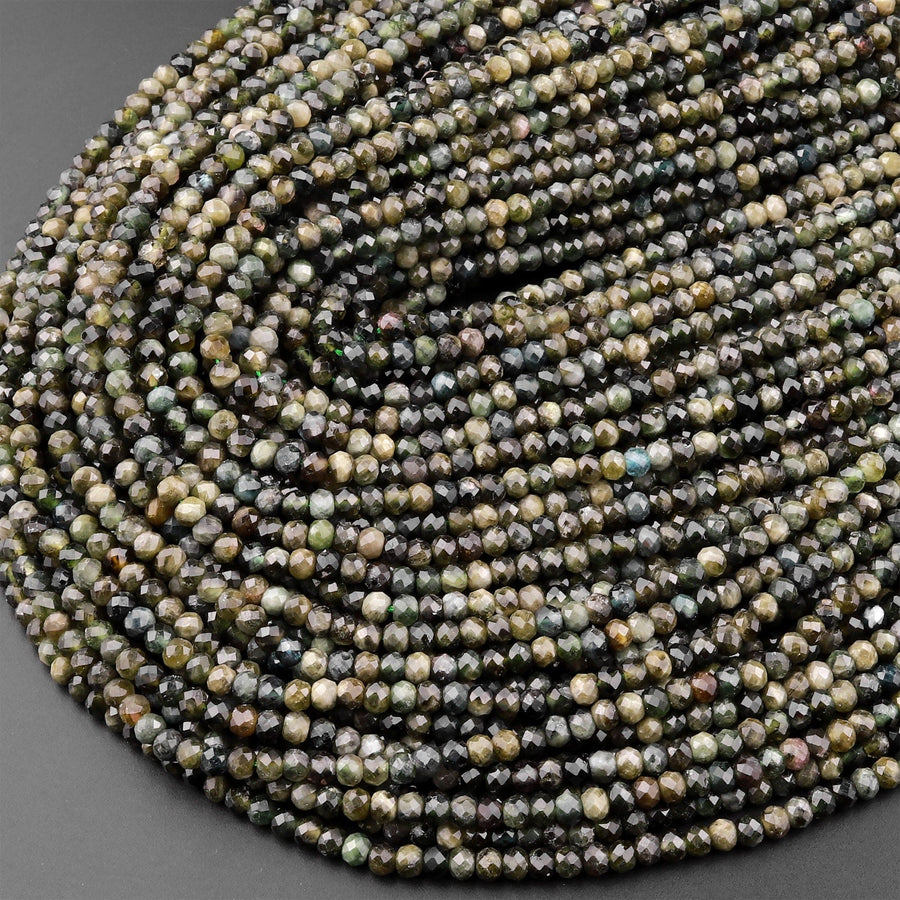 Natural Green Tourmaline Faceted 3mm 4mm Rondelle Beads Diamond Cut Gemstone 15.5" Strand