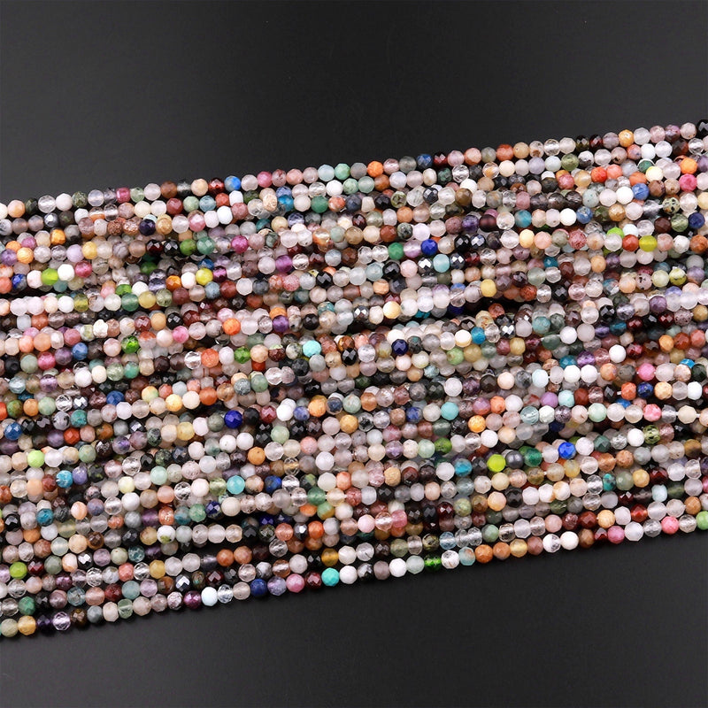 Micro Faceted Multicolor Gemstone Round Beads 3mm 4mm Garnet Moonstone Apatite Jade 15.5" Strand