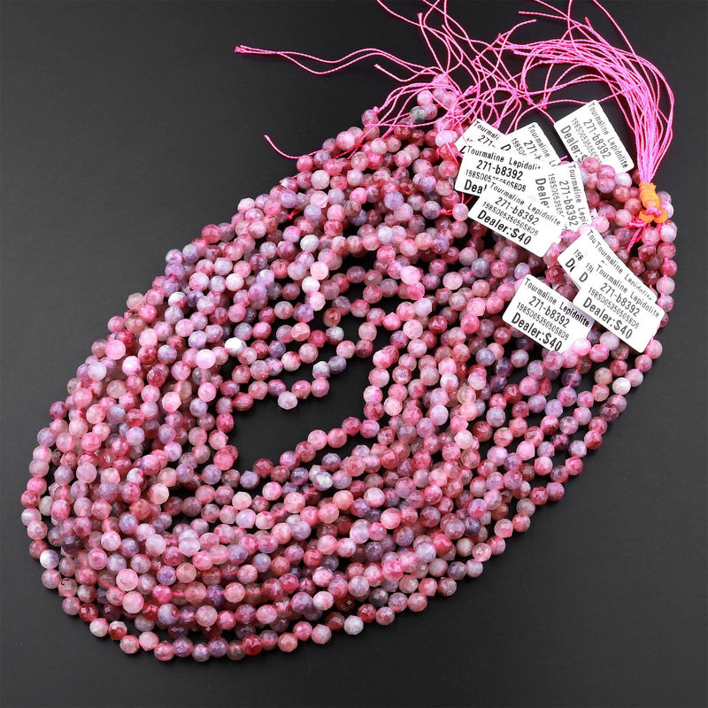 Natural Pink Tourmaline Lepidolite Faceted 6mm Rounded Teardrop Briolette Beads 15.5" Strand