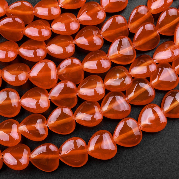 Natural Carnelian Heart Shaped Beads Highly Polished Red Orange Gemstone 15.5" Strand