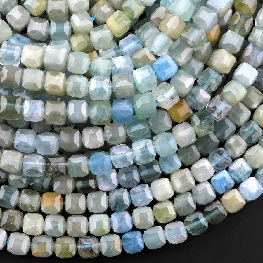 AAA Translucent Natural Blue Yellow Green Aquamarine Faceted 6mm Cube Beads Micro Laser Diamond Cut Gemstone 15.5" Strand
