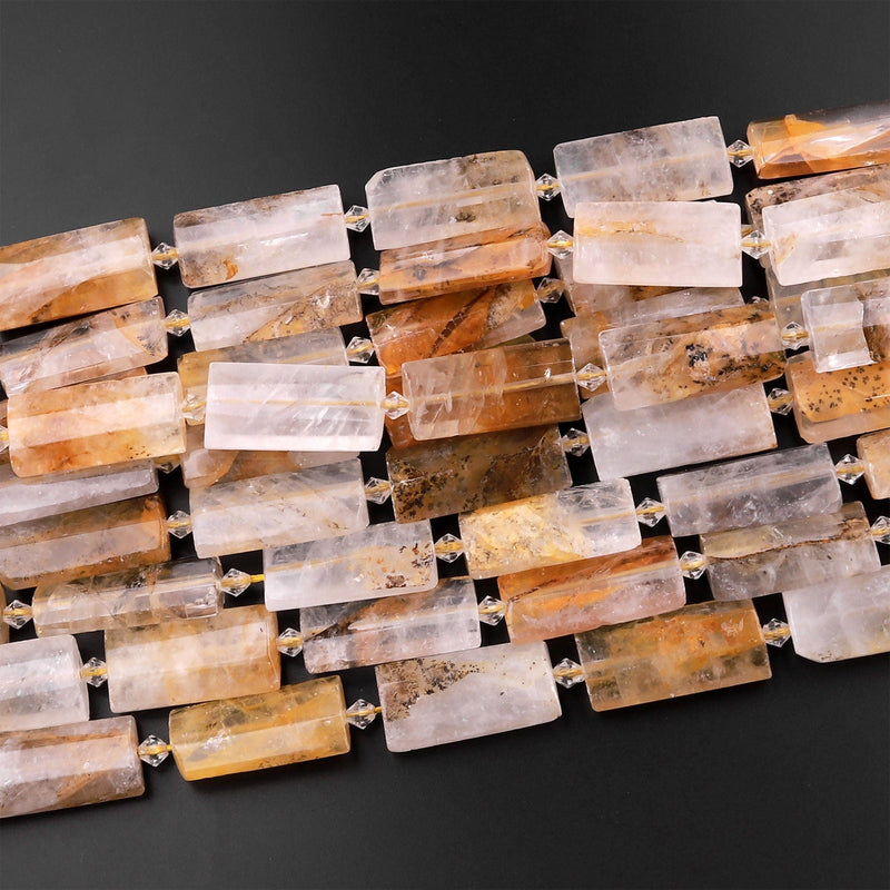 Natural Golden Dendritic Quartz Beads Faceted Flat Long Rectangle 15.5" Strand