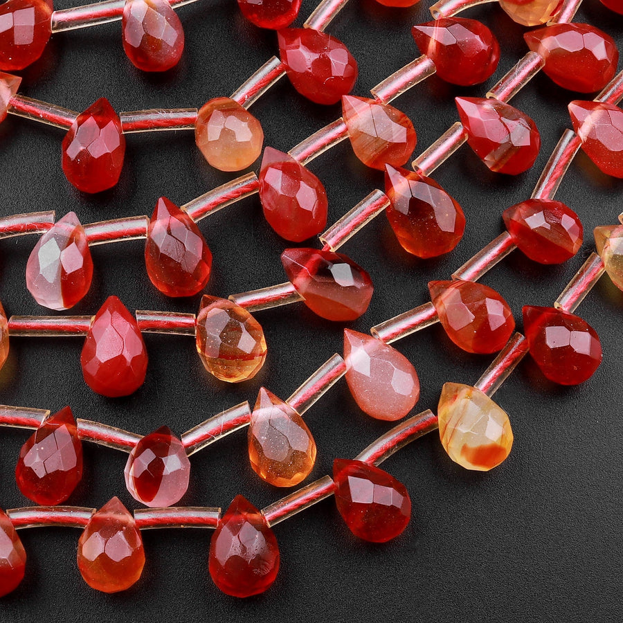 Natural Carnelian Teardrop Briolette Beads Small Faceted 9x6mm 15.5" Strand