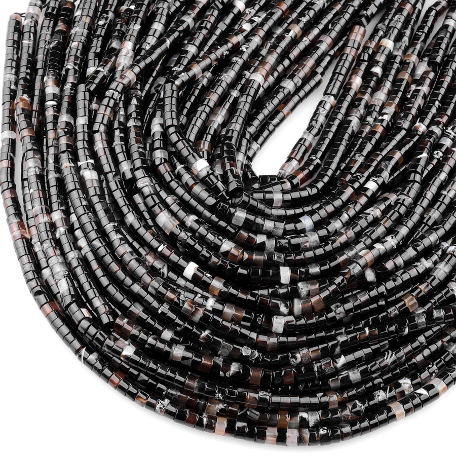 Natural Black Agate 4mm Heishi Rondelle Beads 15.5" Strand