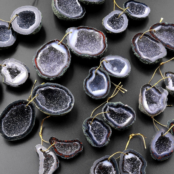 Drilled Natural Tabasco Geode Earrings Pair Black Druzy Drusy Agate Freeform Matched Gemstone Beads