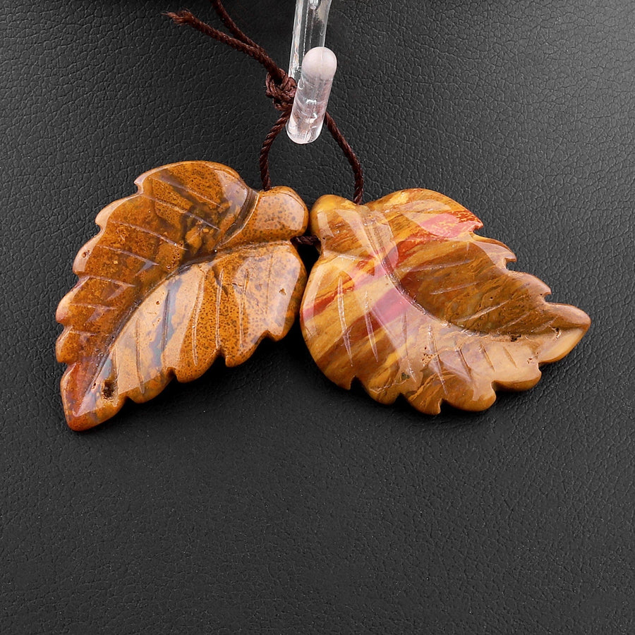 Hand Carved Natural Moroccan Agate Brown Red Leaf Earring Pair Drilled Gemstone Matched Beads