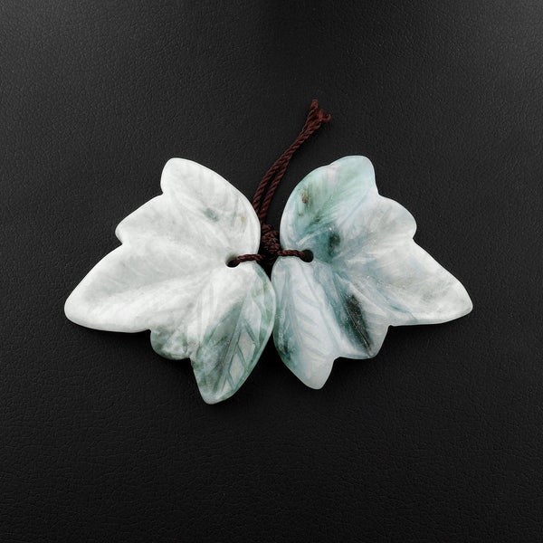 Hand Carved Natural Burma Jade Leaf Earring Pair Drilled Gemstone Matched Beads A1