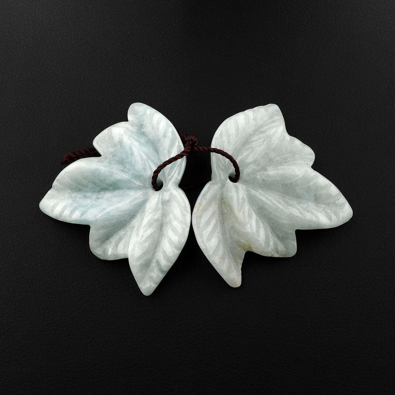 Hand Carved Natural Burma Jade Leaf Earring Pair Drilled Gemstone Matched Beads A2