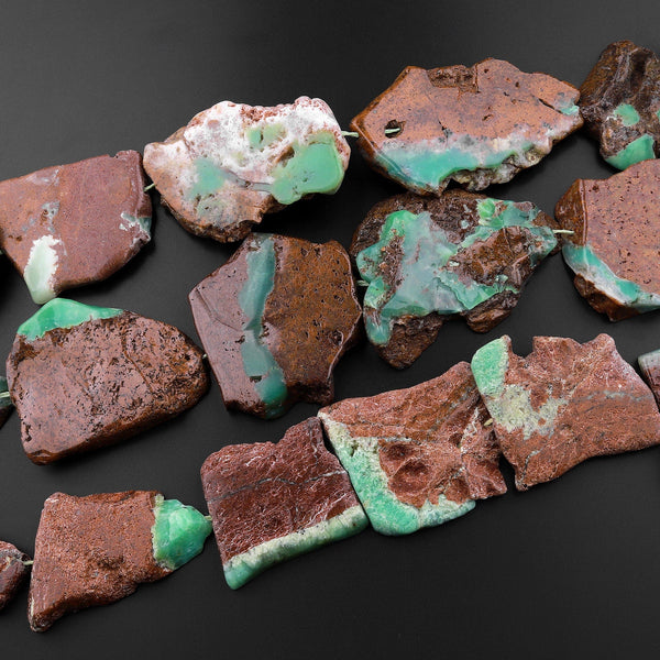 Large Freeform Australian Brown Green Chrysoprase Slab Slice Pendant Focal Beads 15.5" Strand