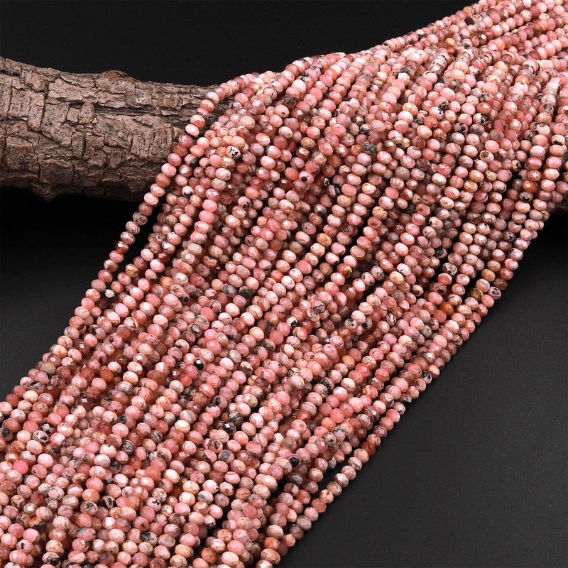 Natural Pink Red Rhodochrosite 4mm Faceted Rondelle Beads Micro Diamond Cut Gemstone 15.5" Strand