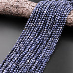 Faceted Natural Blue Sapphire 3mm 4mm Round Beads Real Genuine Blue Gemstone From Burma 15.5" Strand