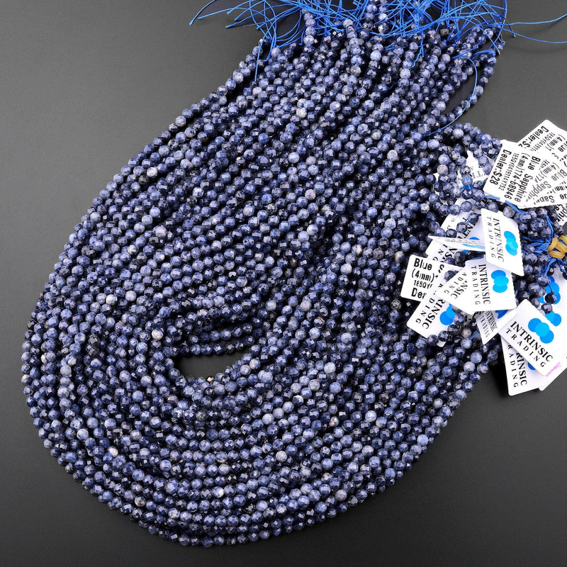 Faceted Natural Blue Sapphire 3mm 4mm Round Beads Real Genuine Blue Gemstone From Burma 15.5" Strand