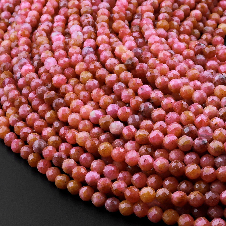 AA Micro Faceted Natural Pink Red Thulite 3mm 4mm Round Beads Diamond Cut Gemstone From Norway 15.5" Strand