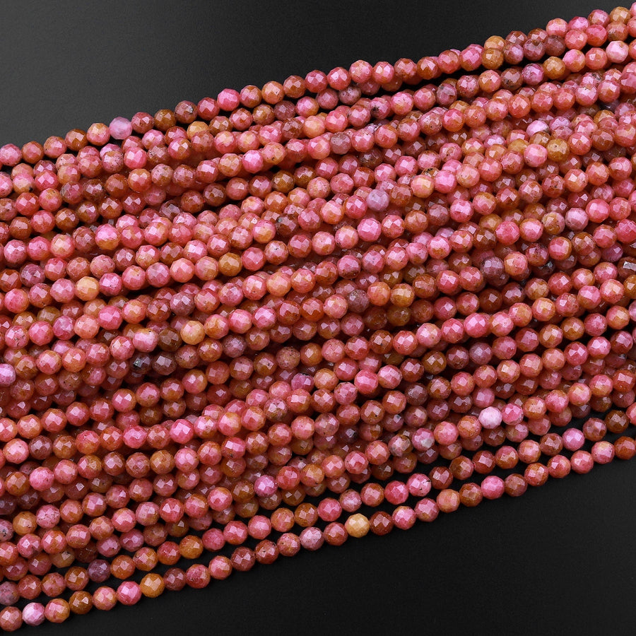 AA Micro Faceted Natural Pink Red Thulite 3mm 4mm Round Beads Diamond Cut Gemstone From Norway 15.5" Strand